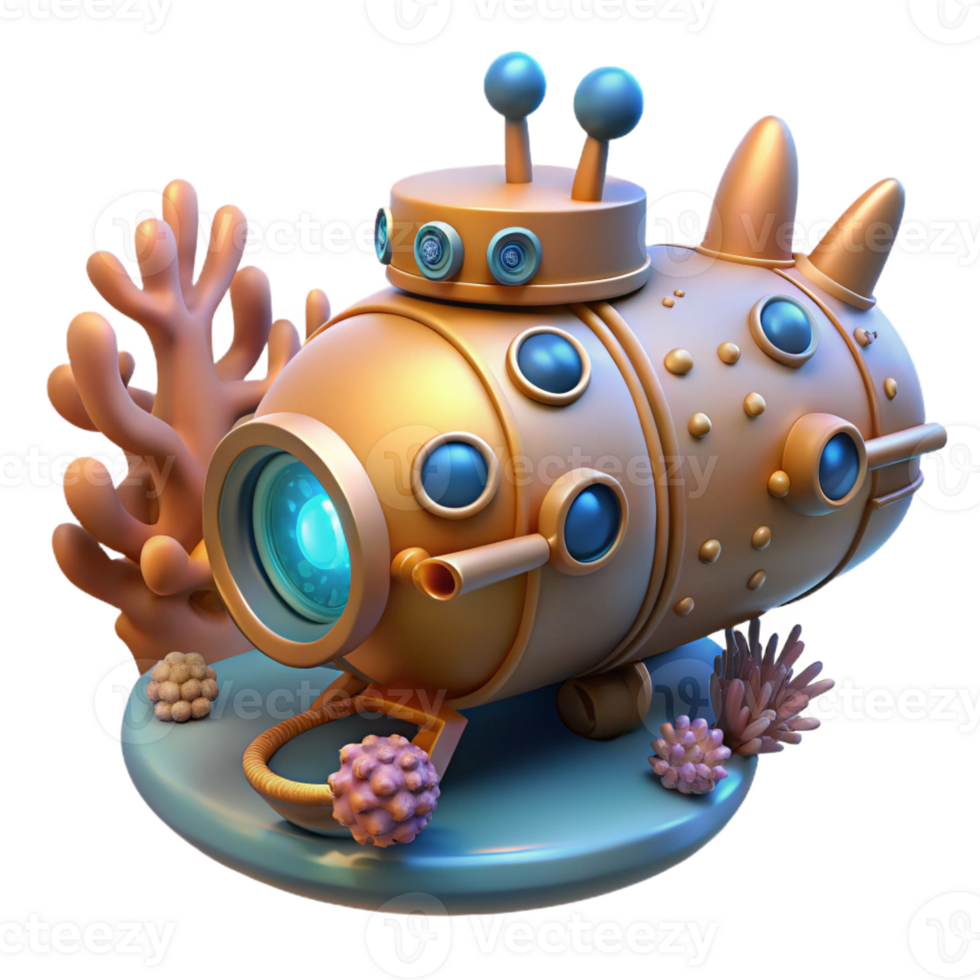 vibrant creative Steampunk Submarine Exploring Coral Reef authentic png