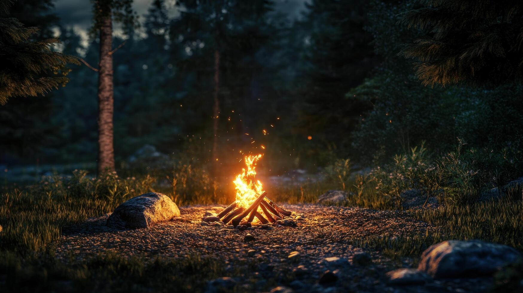 A campfire flickers in a serene forest setting, creating a cozy atmosphere. photo