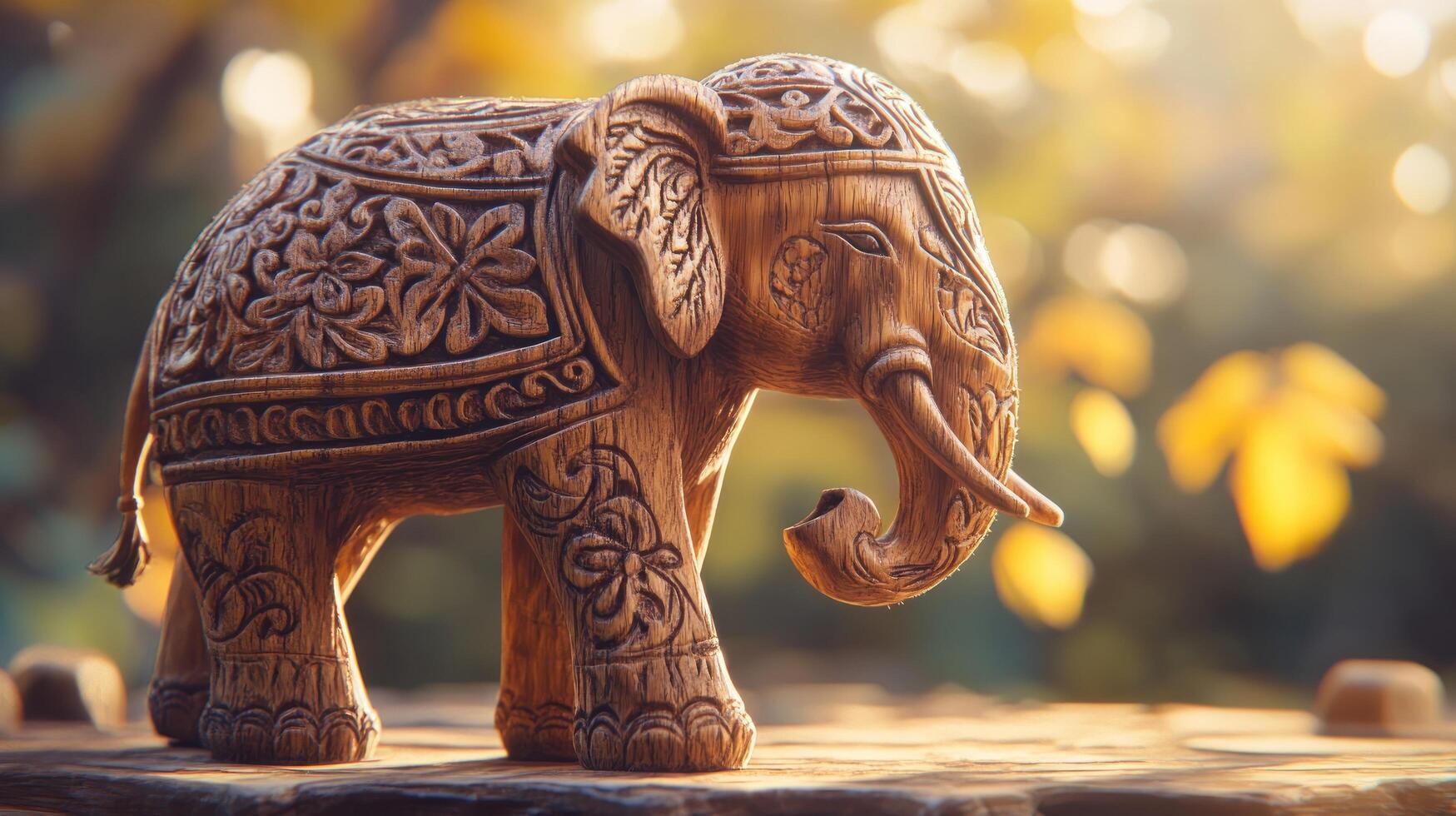 A beautifully carved wooden elephant figurine with intricate designs, set against a soft background. photo
