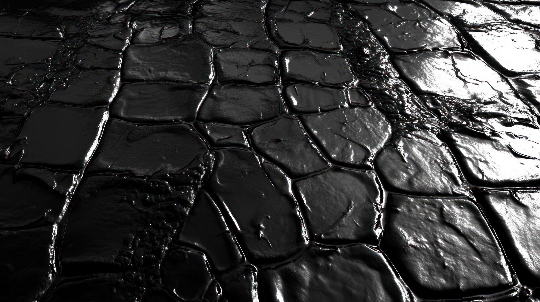 A close-up of a textured, glossy black surface resembling cobblestones. photo