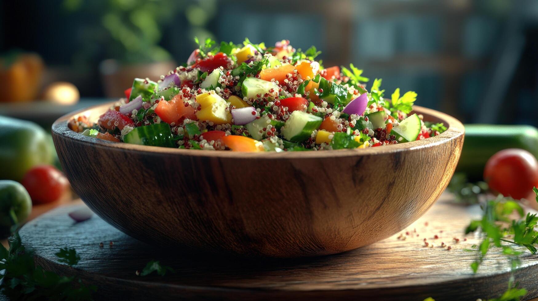 A vibrant, fresh salad in a wooden bowl, highlighting healthy ingredients and colors. photo