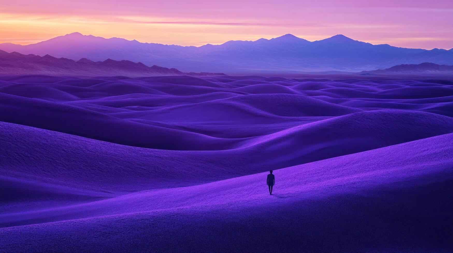 A man standing in the middle of a purple desert photo