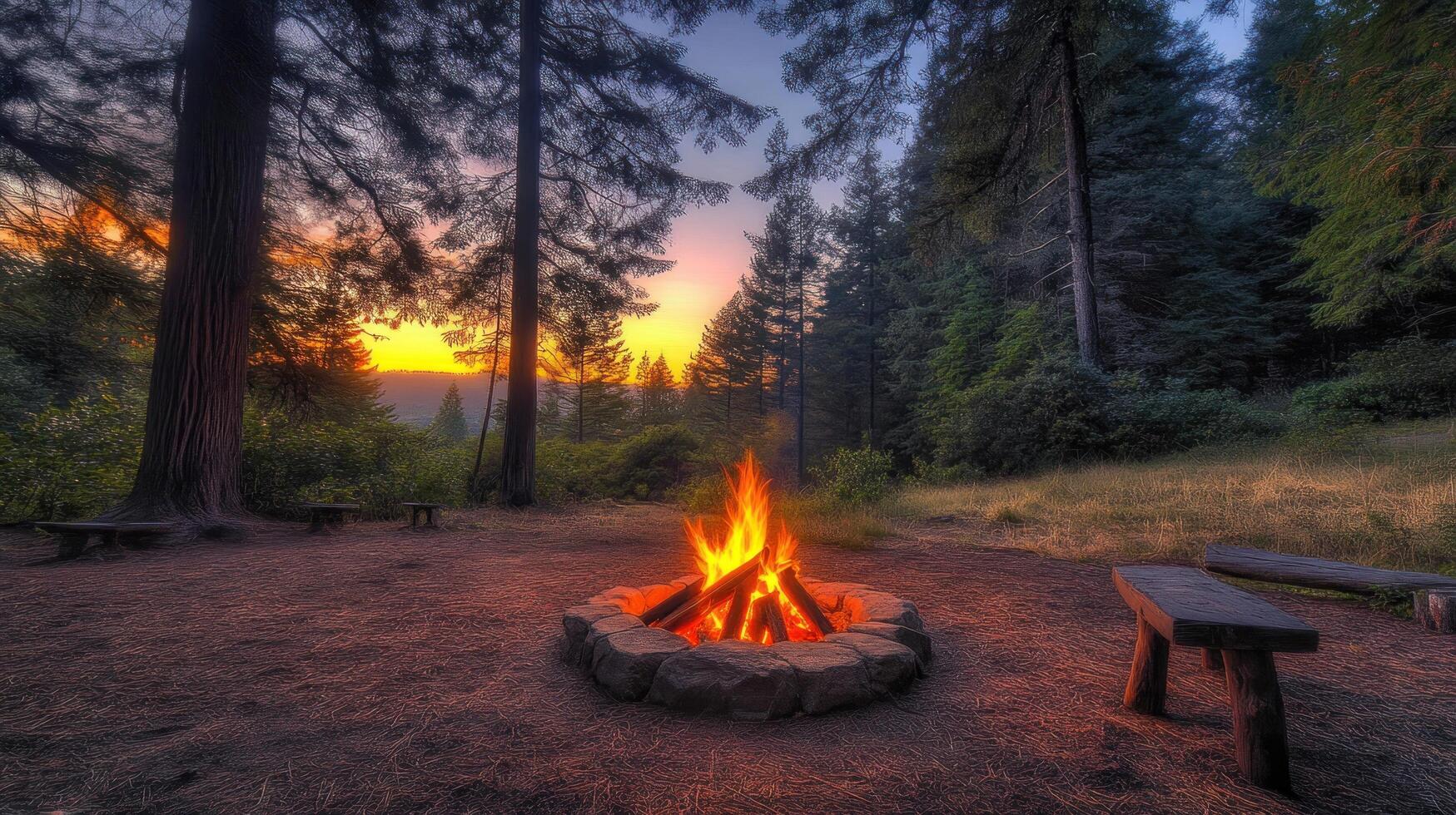 A campfire is lit in the middle of a forest photo