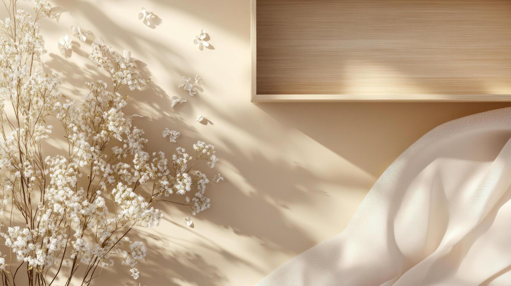 A shelf with a book and flowers on a beige background photo