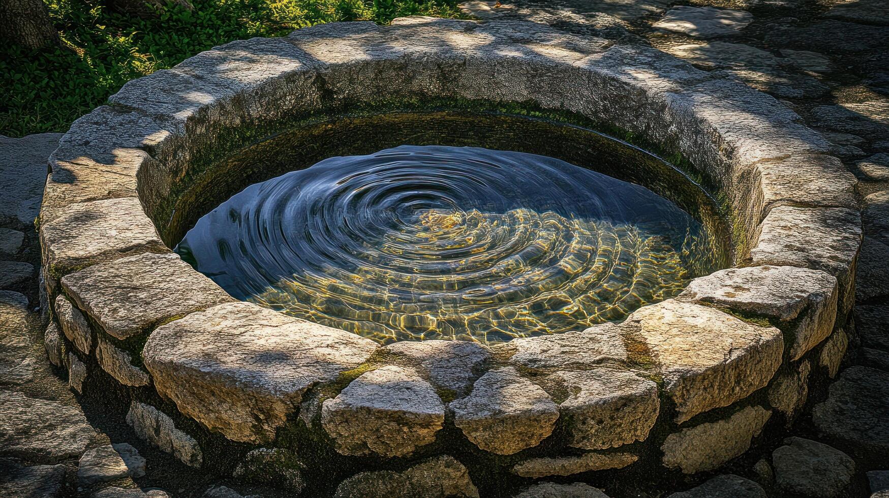 A circular stone water well with a circular hole in the middle photo