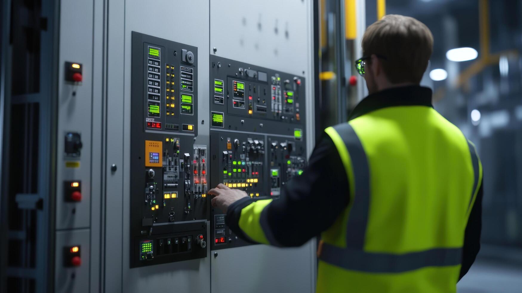 A technician operates a control panel in an industrial setting, managing machinery functions. photo