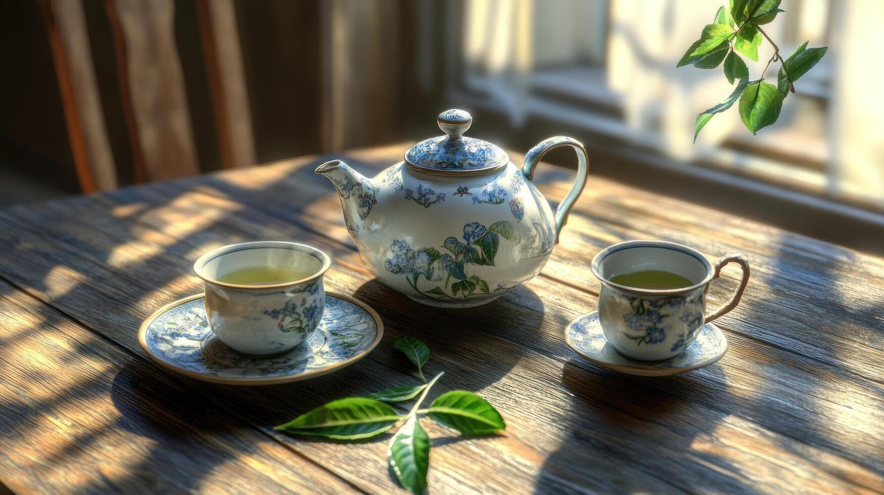 A serene tea setting with a teapot and cups on a wooden table, surrounded by natural light. photo