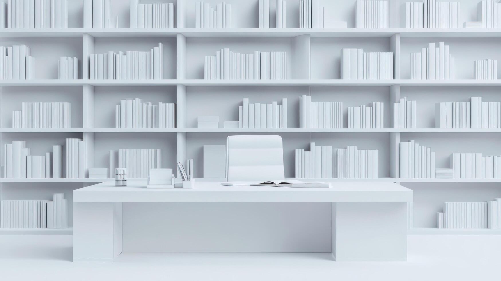 White desk and bookshelf in office with white walls photo
