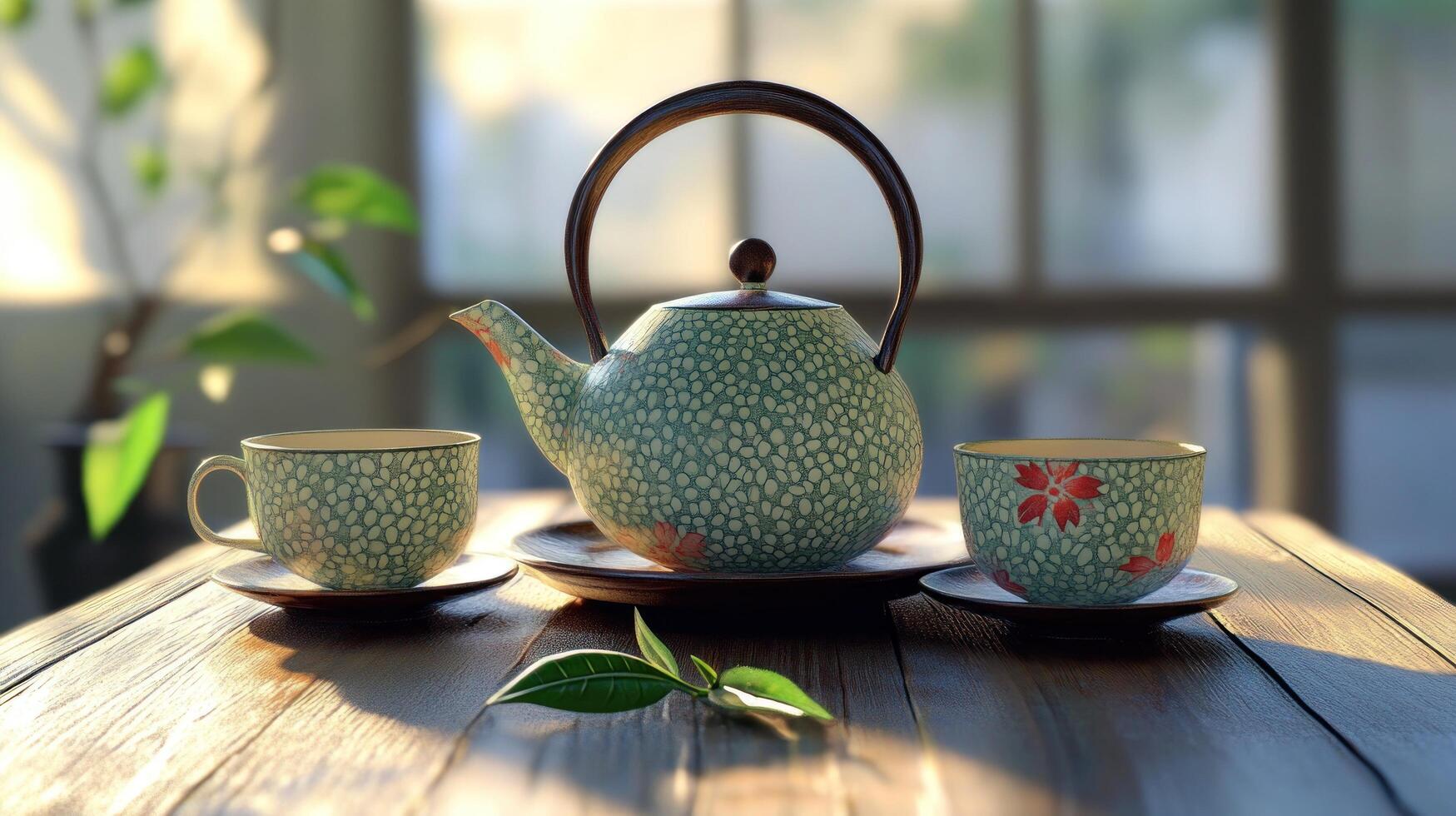 A teapot and two cups on a wooden table photo