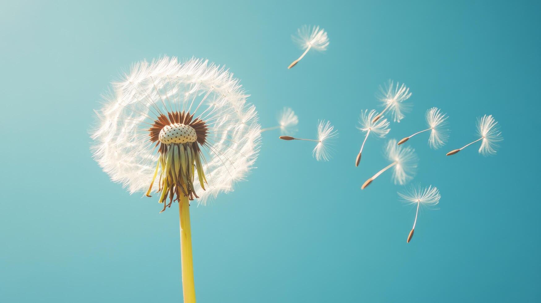 Dandelion blowing in the wind with seeds flying off photo