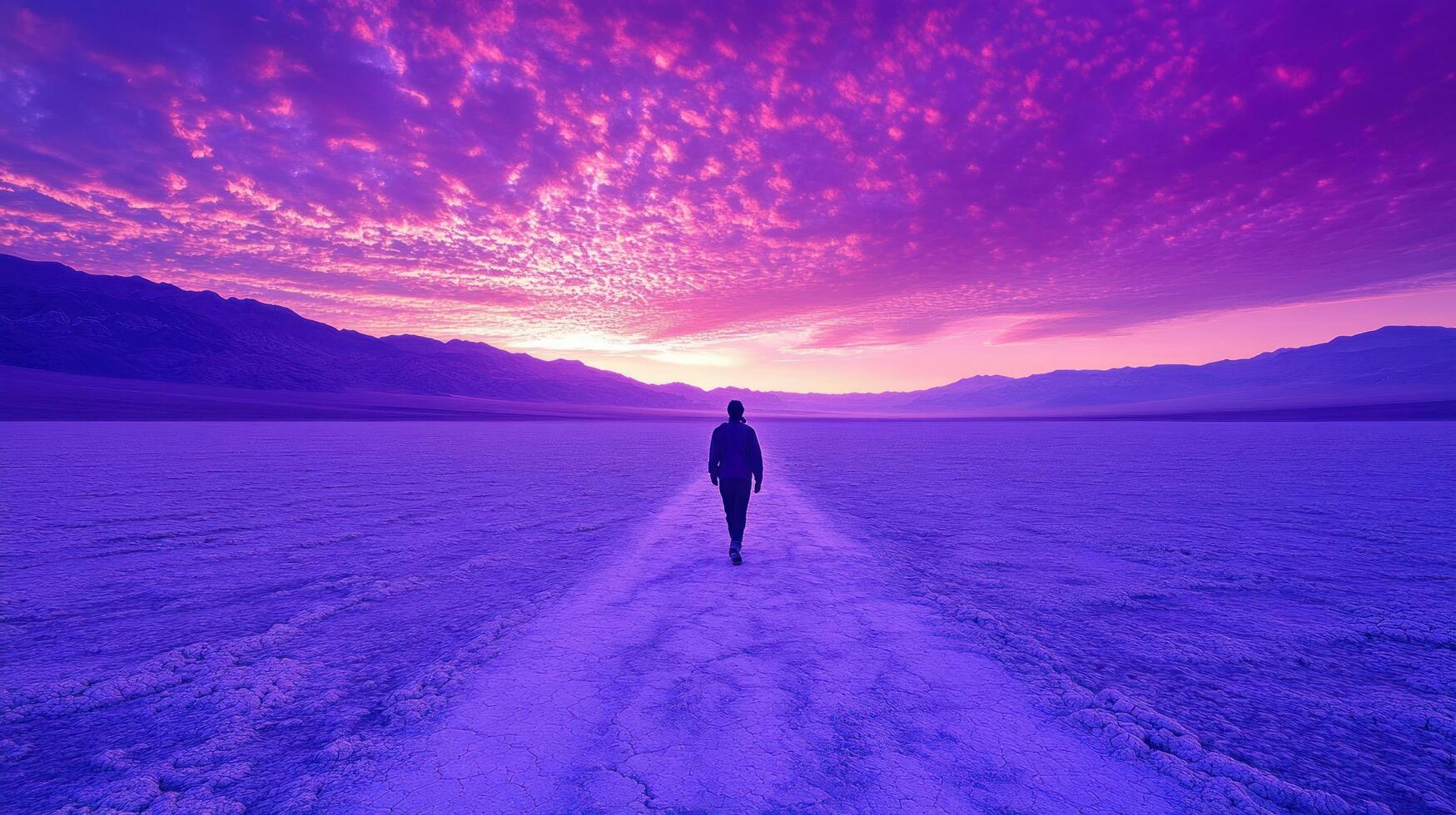 A man walking in the desert with a purple sky photo