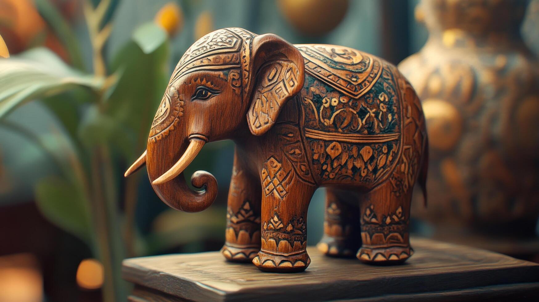 A beautifully crafted wooden elephant sculpture with intricate designs, symbolizing culture and art. photo