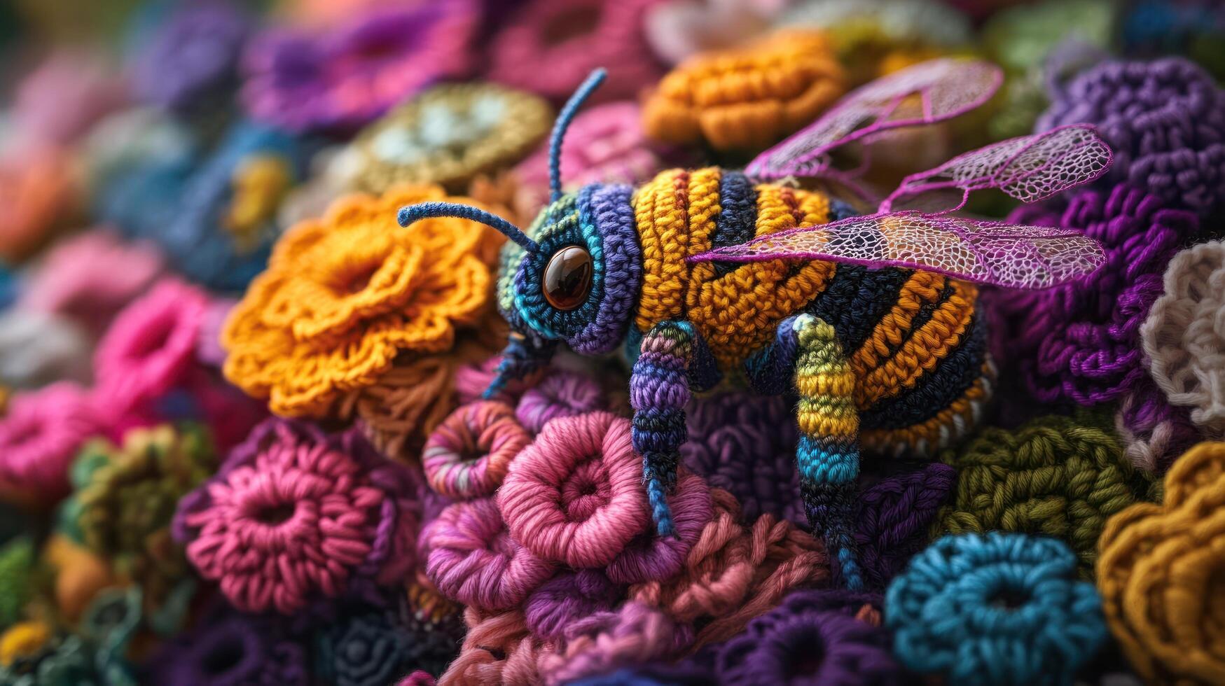 A vibrant crochet bee resting on colorful flower motifs, showcasing textile art. photo