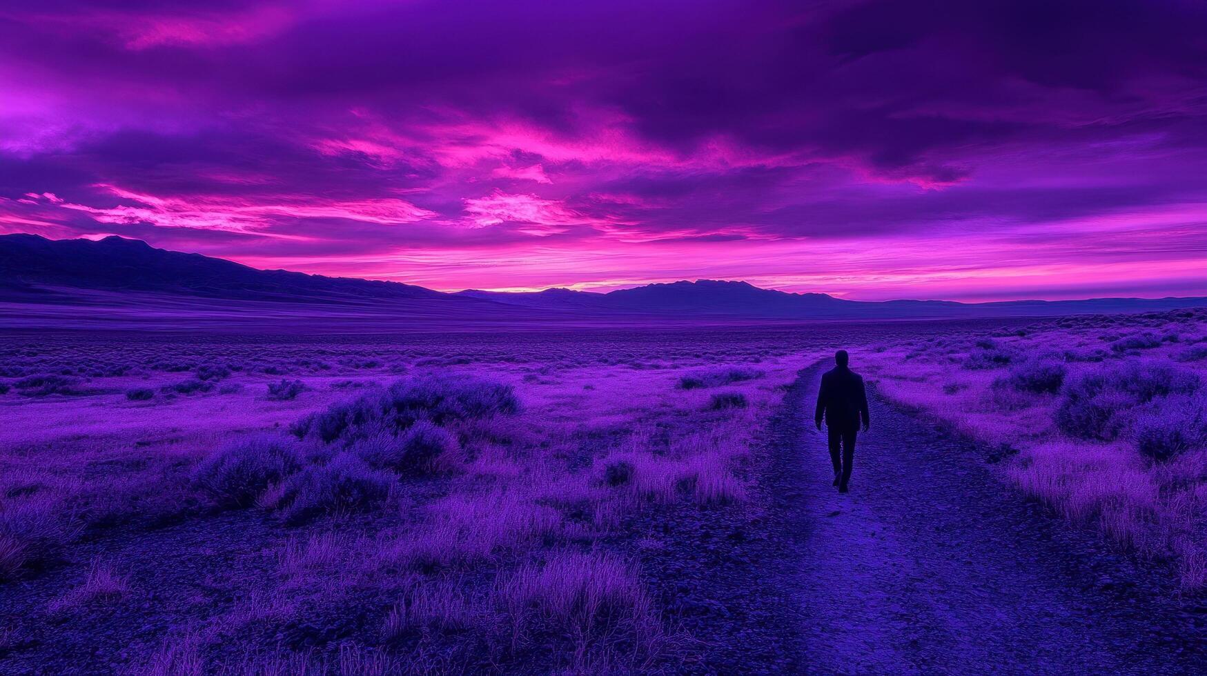 A person walking on a dirt road in the desert photo