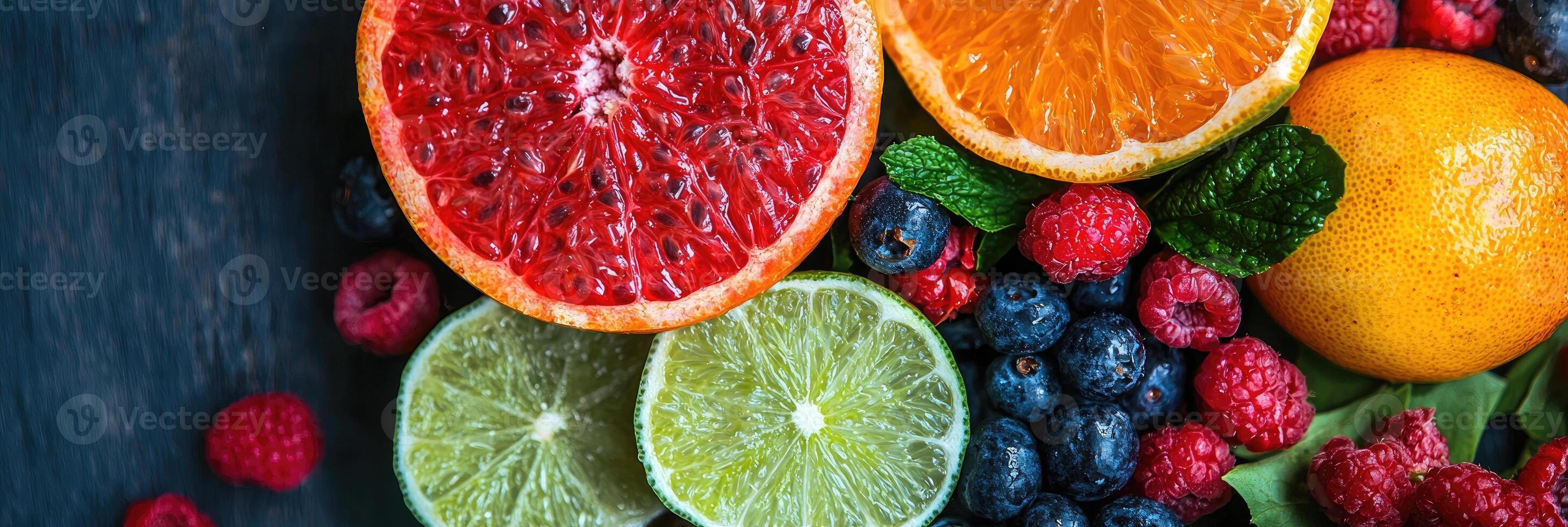 Fruits and berries on dark wooden background. Orange, grapefruit, lemon, lime, blueberry, raspberry. Top view photo
