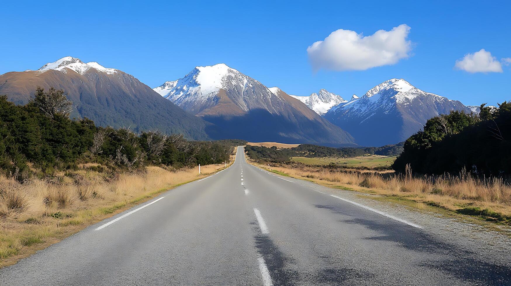 Scenic Roadway Leading Toward Majestic Mountains in the Distance photo