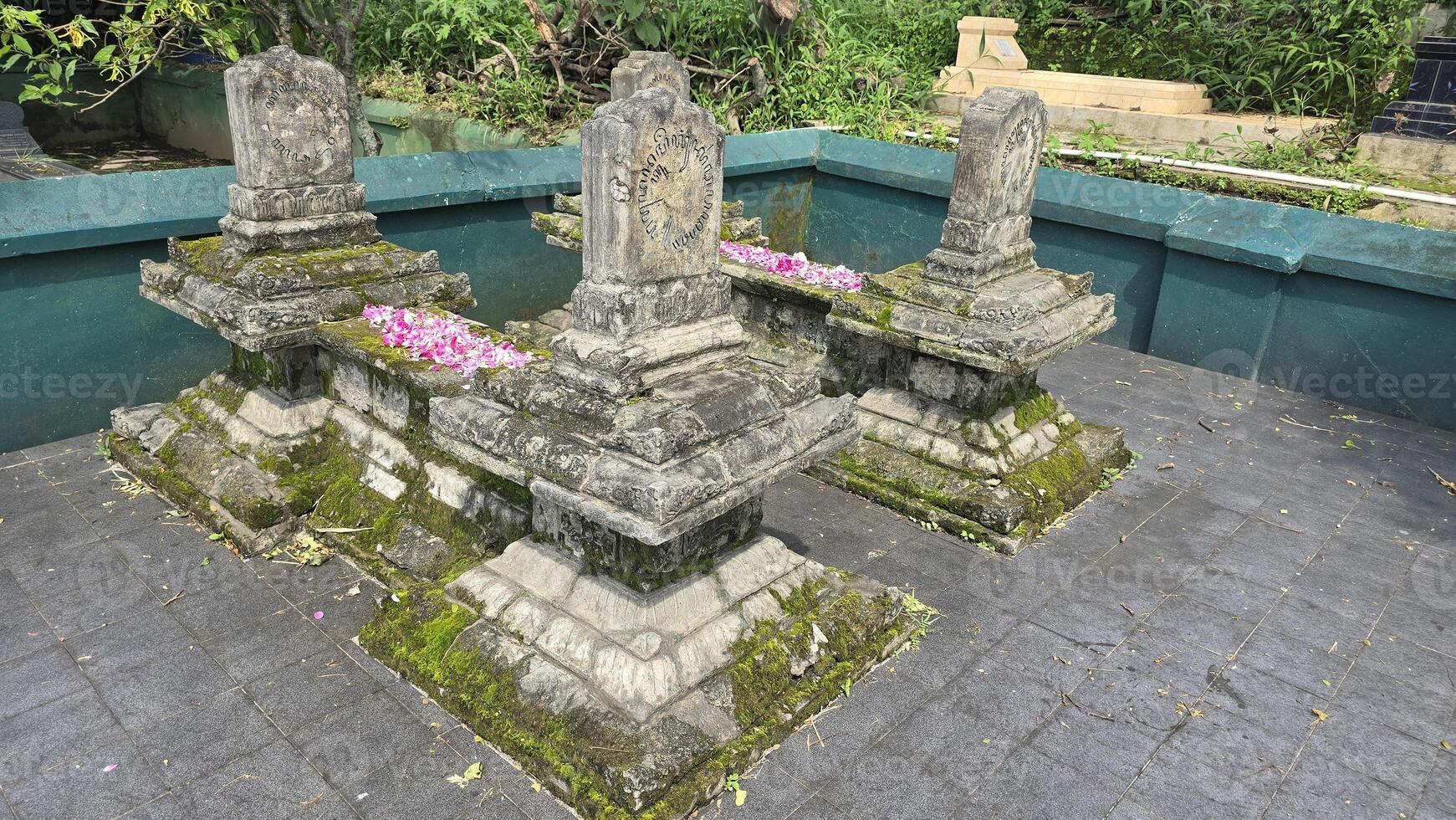 Ancient ancestors javanese king and queen burial in remote jawa, Indonesia, traditional moss-covered stone graves decorated with pink flower photo