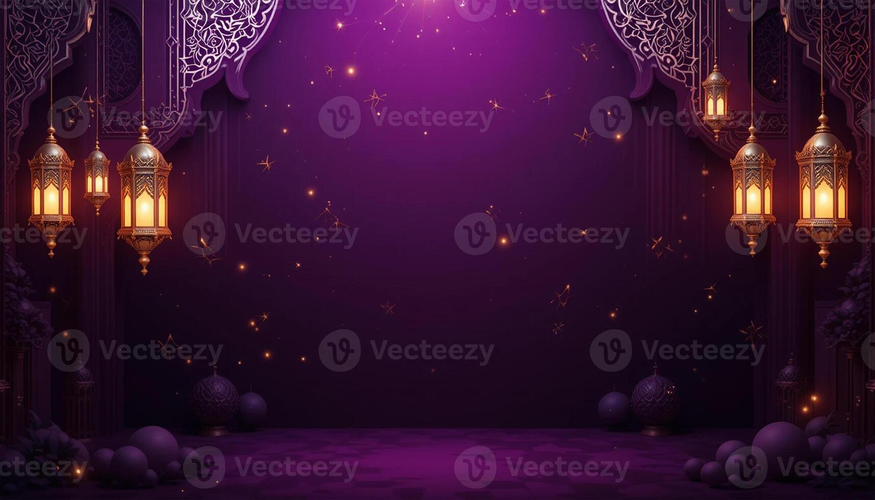 A luxurious deep purple Ramadan background with glowing silver Arabic patterns and floating lanterns photo