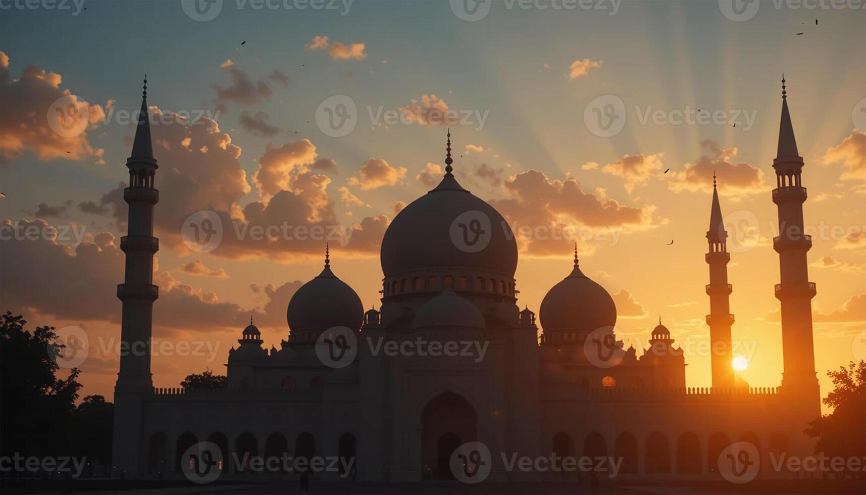 a silhouette of a grand mosque at sunset photo