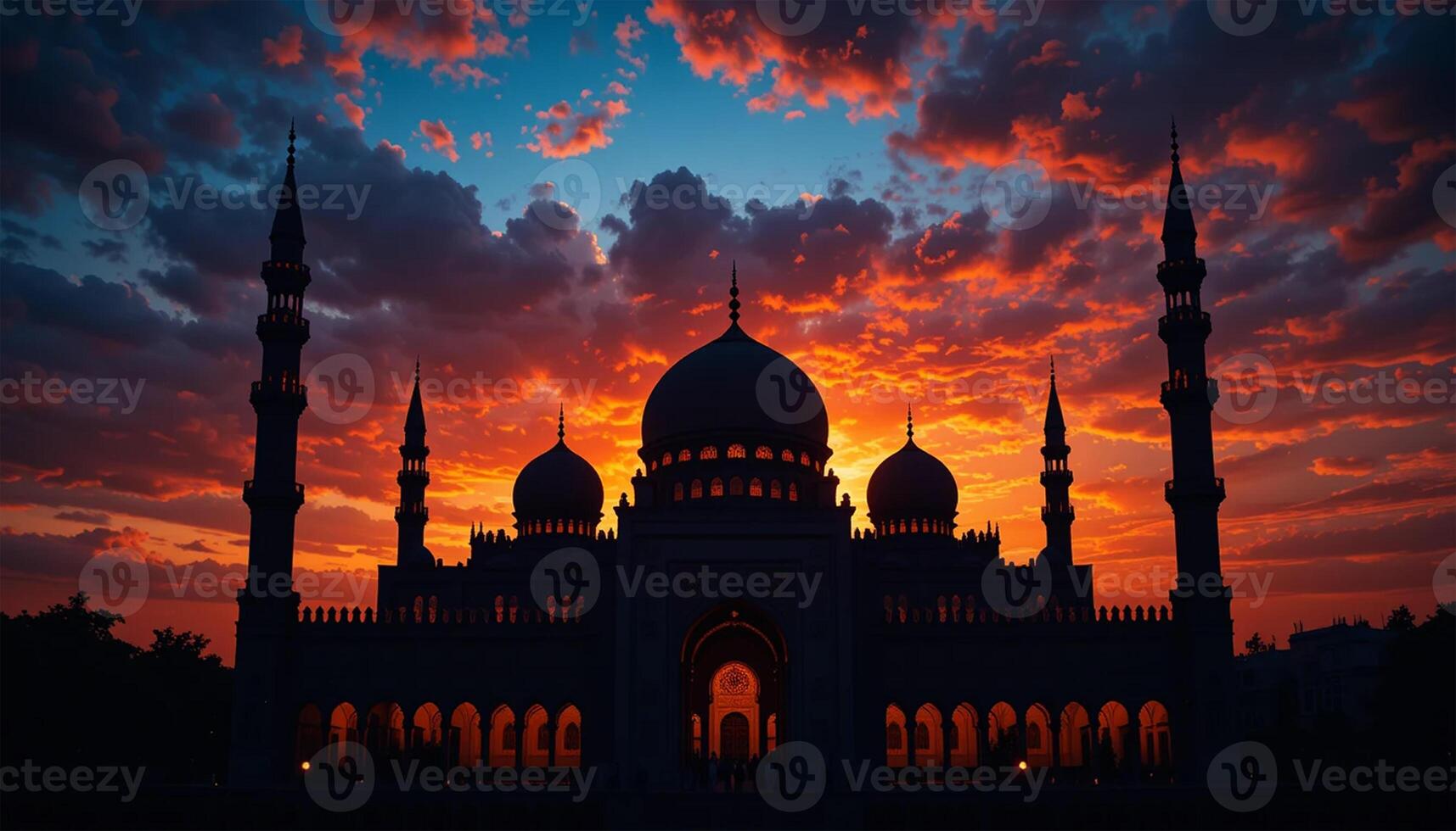 A dramatic Ramadan composition with a silhouette of a grand mosque photo