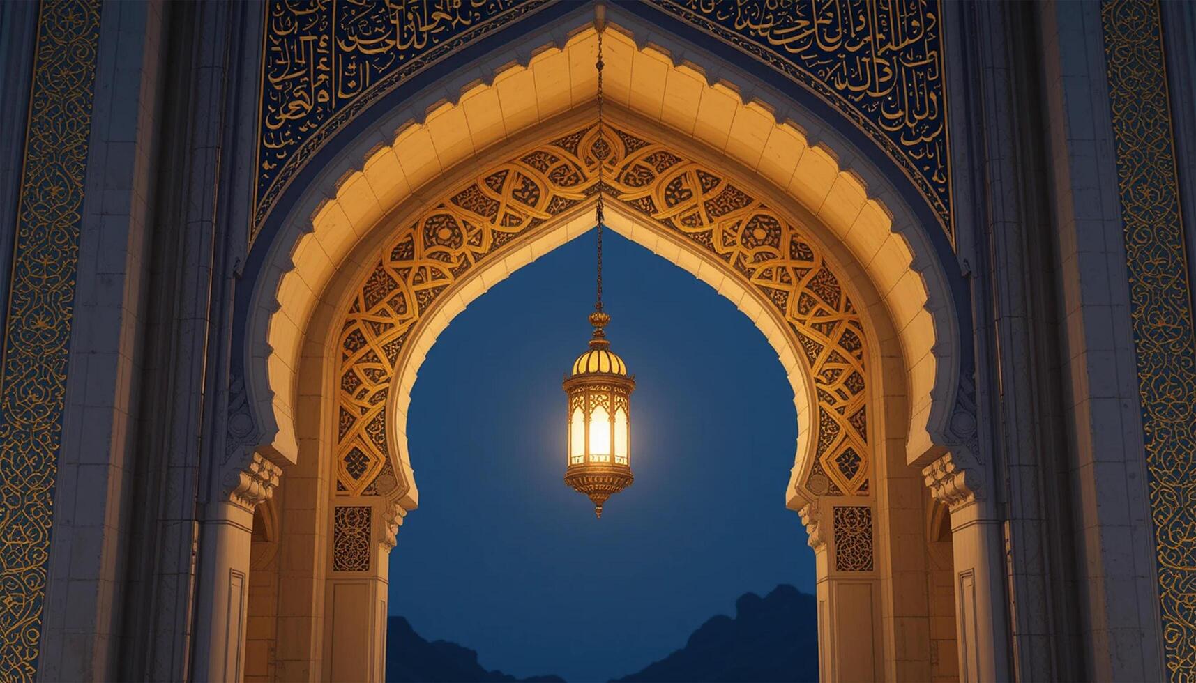 An elegant Islamic archway with intricate golden patterns framing a soft glowing lantern photo