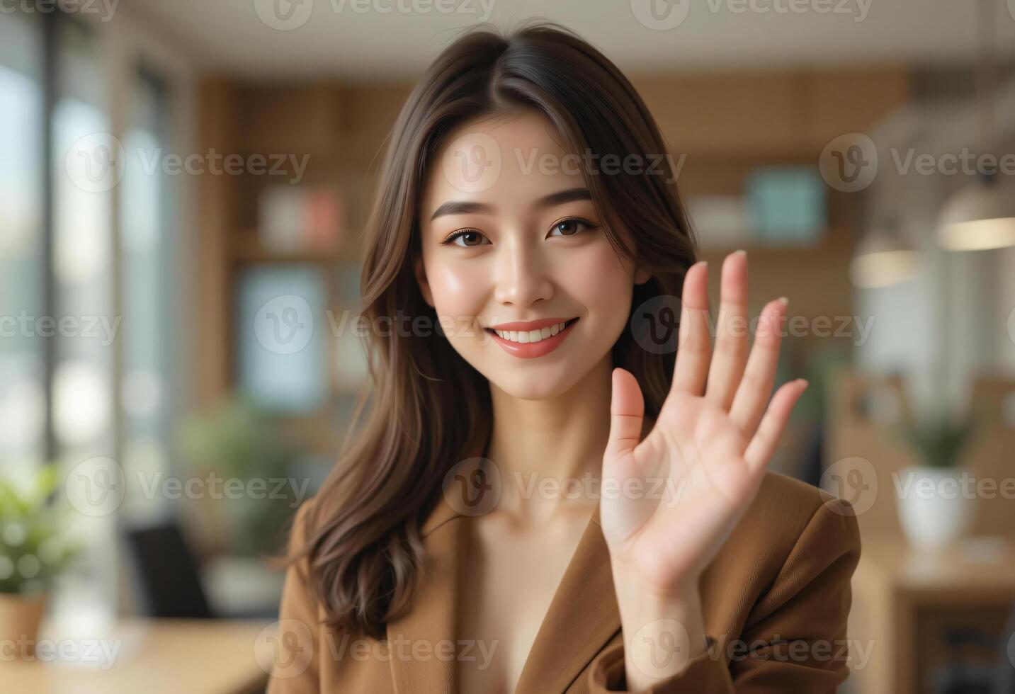 Smiling Asian Businesswoman in Brown Blazer with Raising Hand, Friendly Greeting Concept photo