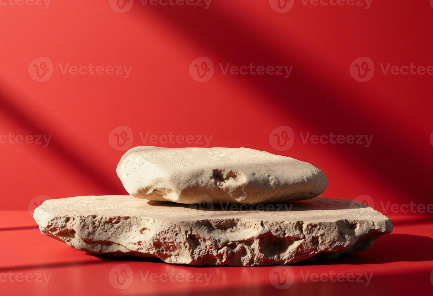 Rustic Stone Podium on Red Background, Lighting with Soft Shadows, Luxury Product Mockup photo