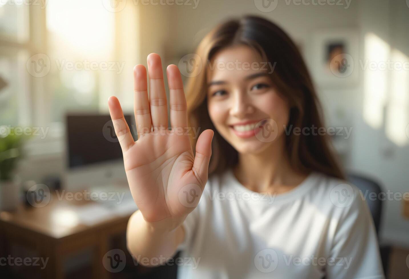 Smiling Brunette Woman in White T-Shirt with Making a Hand Signal, Hello, Stop, or High-Five Gesture, Blurred Working Table Background photo