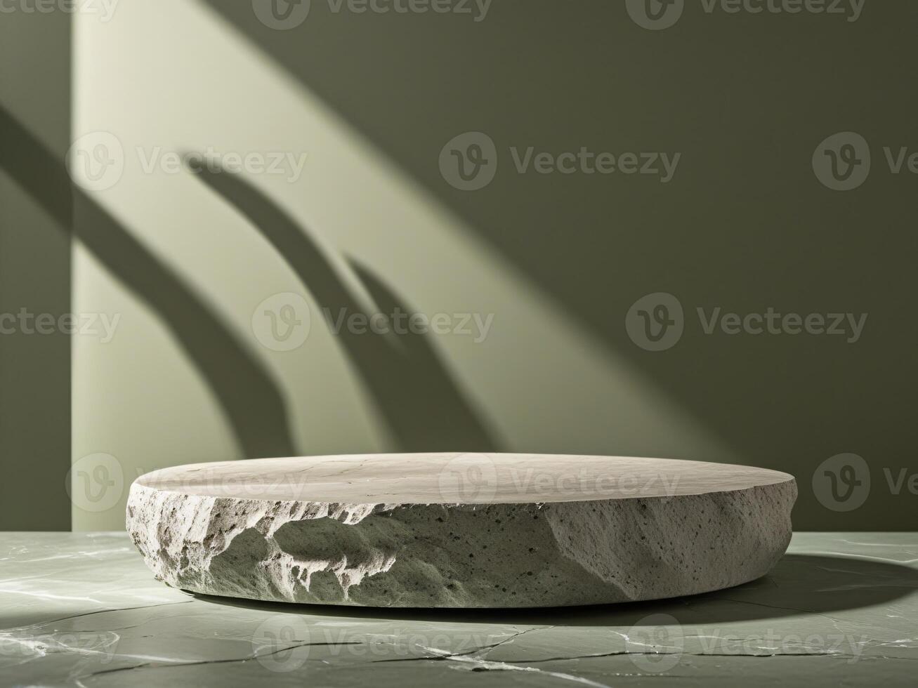 Elegant Stone Display on Marble Floor, Muted Green Background Lighting with Soft Shadows, Perfect Beauty Product Scene photo