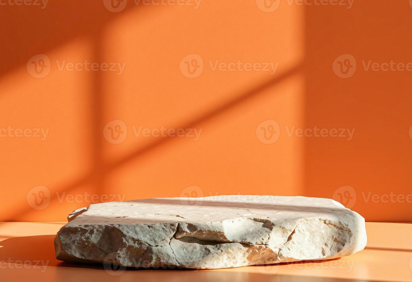 Rustic Stone Platform on Orange Background, Lighting with Soft Shadows, Cosmetic Products Scene photo