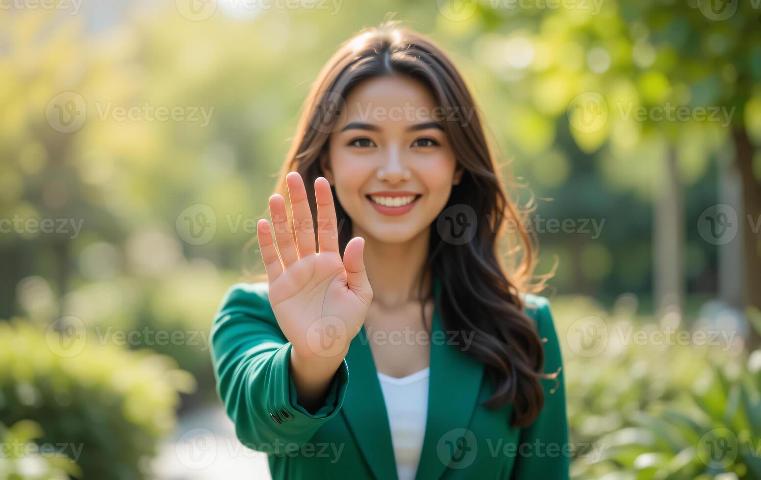 Hand Gesture Communicatio, Smiling Woman in Green Blazer with Making a Stop Sign, Blurred Outdoor Background photo