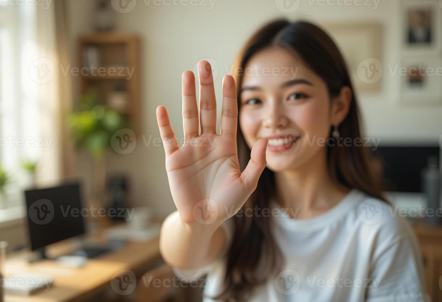 Smiling Young Asian Woman Showing Open Palm, Stop, or High-Five Sign, Blurred Cozy Home Office Background photo