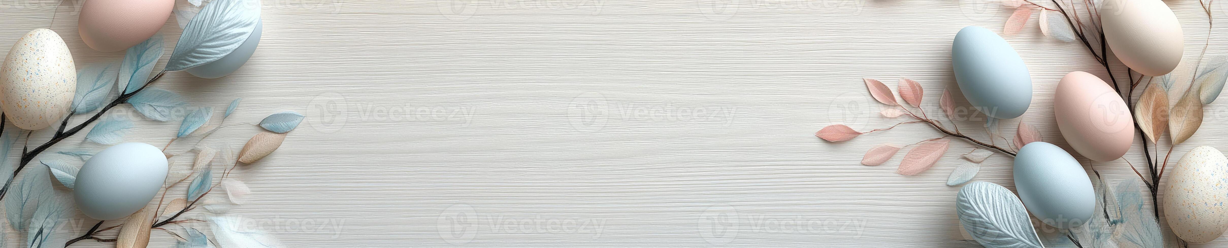 Pastel Easter eggs and feathers on white wooden background for holiday design photo