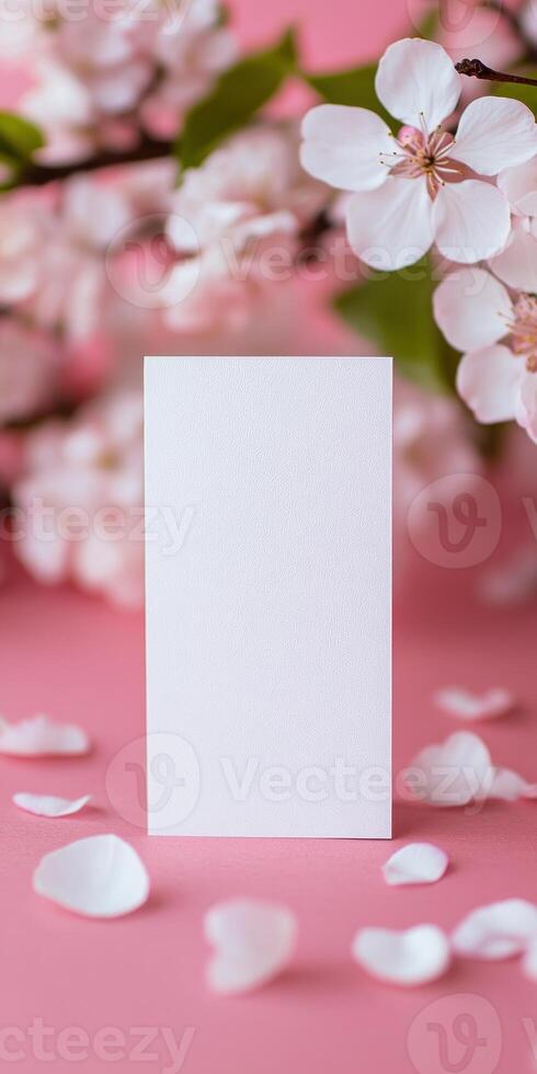 Elegant white greeting card with cherry blossom background for invitations or announcements photo