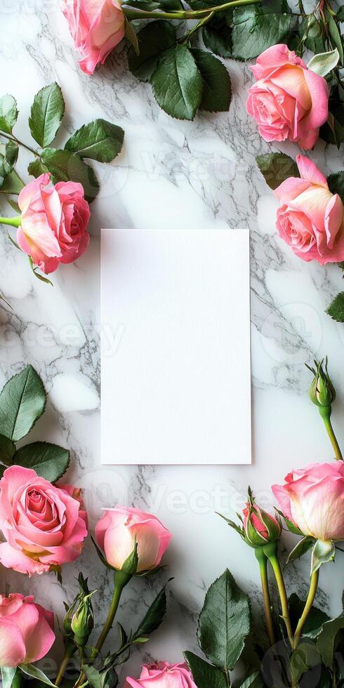 Elegant greeting card mockup with pink roses on marble background photo