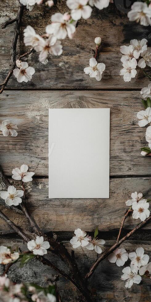 Vintage inspired still life with empty white frame and flowering branches on wooden background photo