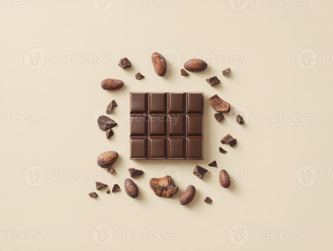 Creative mockup of a blank chocolate bar with cocoa beans and chocolate pieces photo