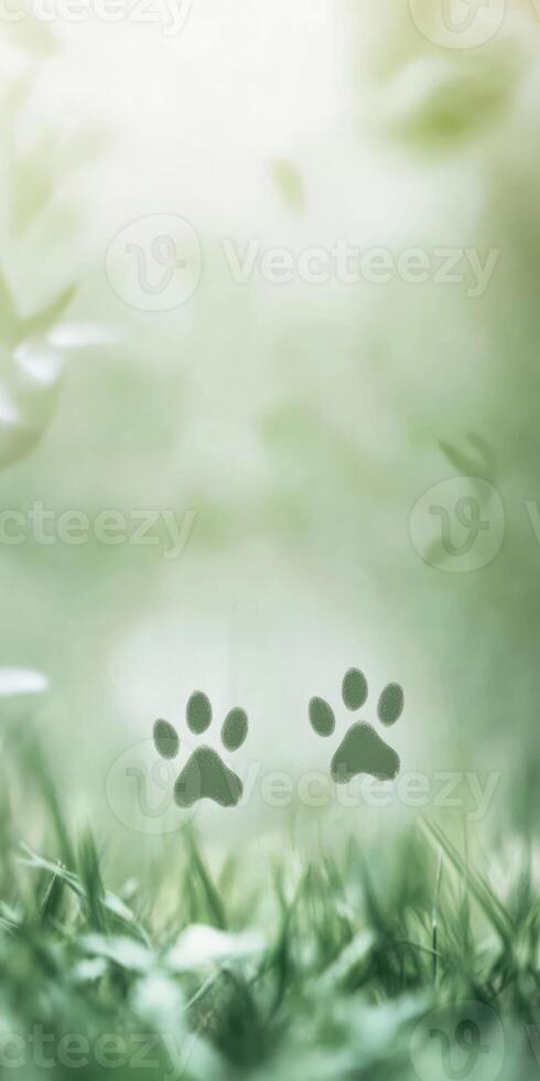 Tranquil green nature scene with subtle bunny paw prints for spring design photo