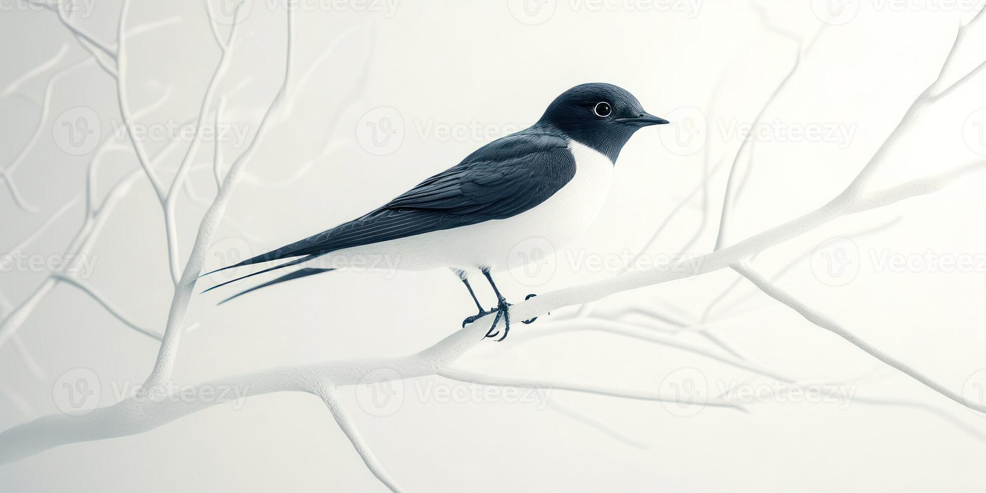 Hyper realistic close up of a swallow on a winter tree branch photo
