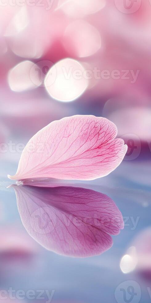 Macro view of a sakura petal with delicate reflection and soft bokeh background photo