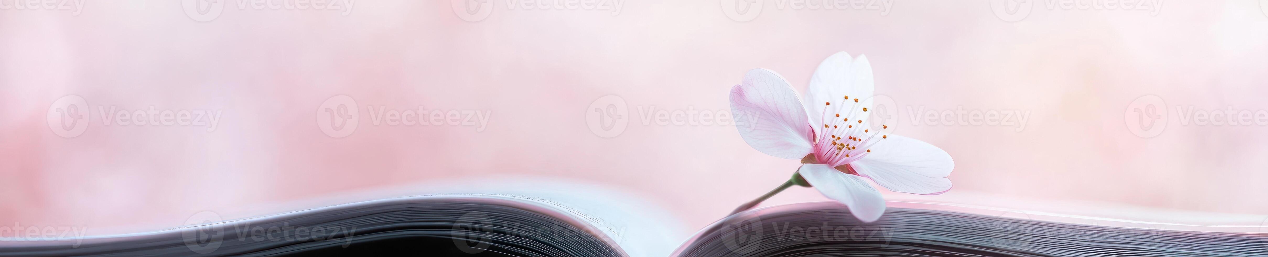 Minimalistic still life with blooming flower on open book for tranquil meditation and inspiration photo