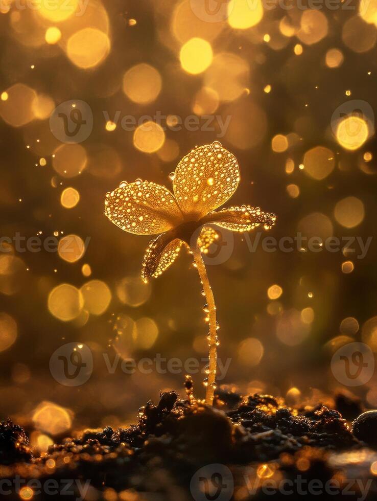 Golden macro shot of sprout with dew in bokeh light for nature design photo