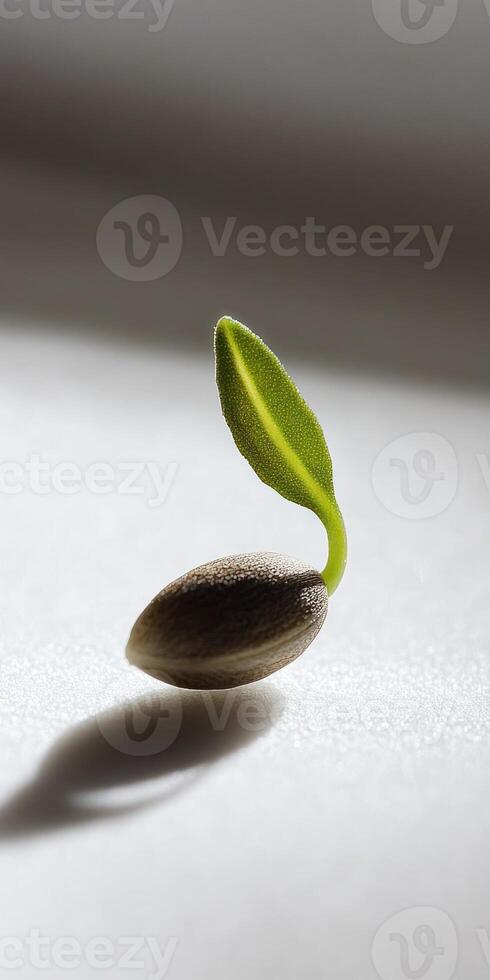 Tiny seed with green sprout on white surface. Growth and potential concept photo