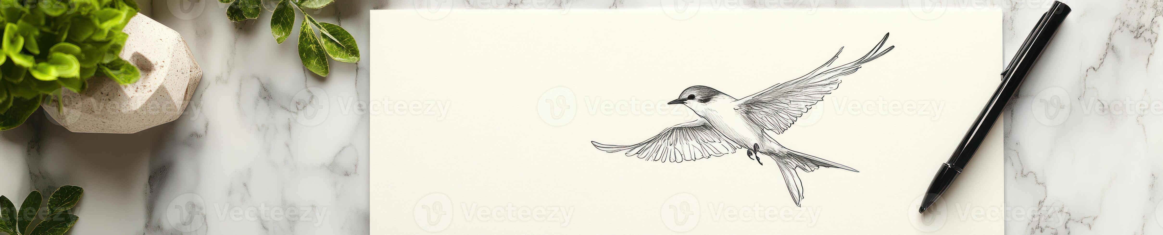 Contemporary flat lay with bird sketch and pen on marble surface. Creative art concept photo