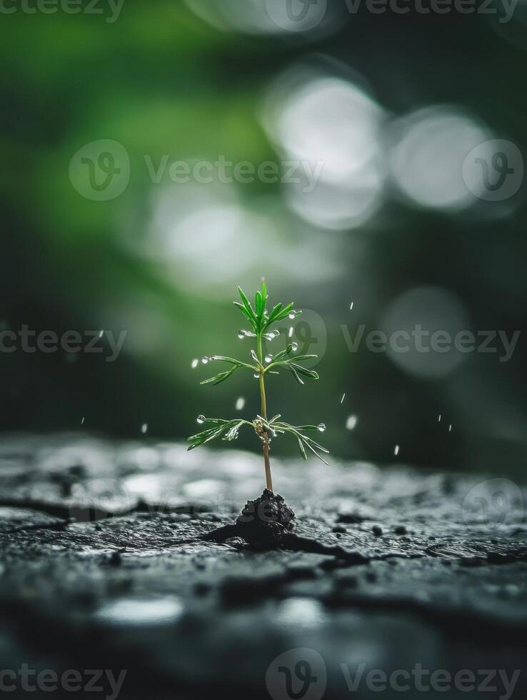 Resilience and hope. A sprout emerging through cracked soil in nature photo