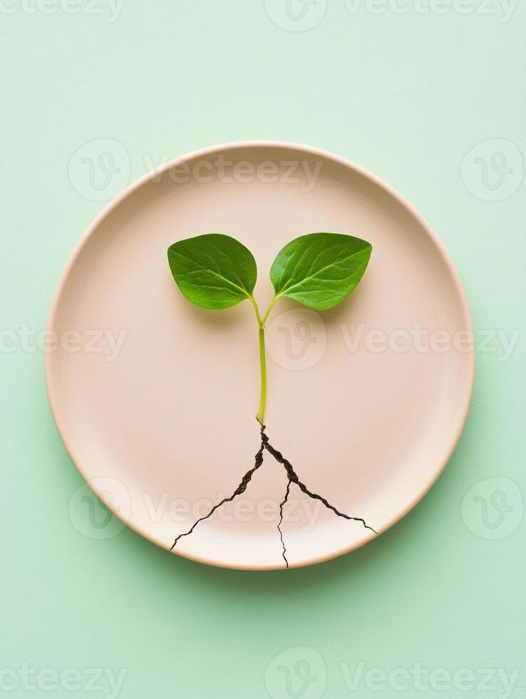 Resilience and growth concept with green sprout emerging from crack on plate photo