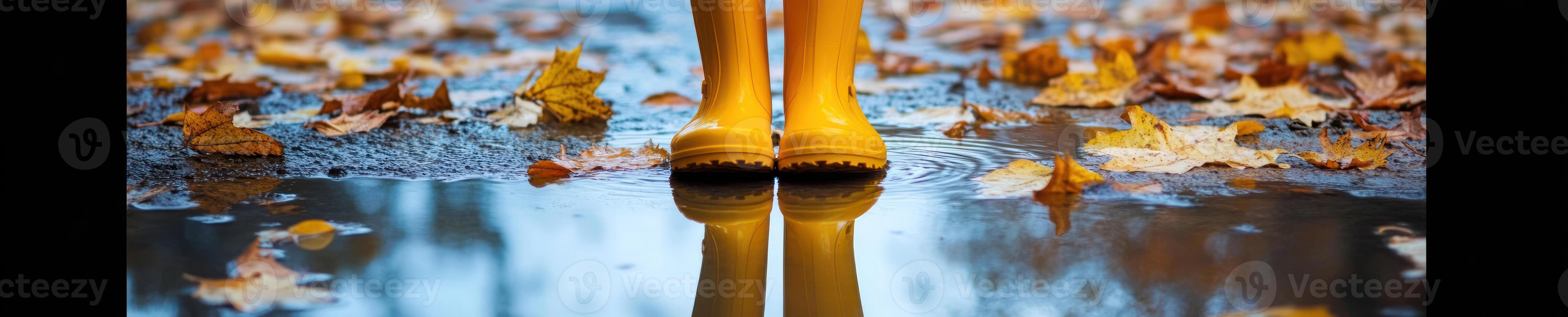 Yellow rain boots in autumn puddle with fallen leaves photo