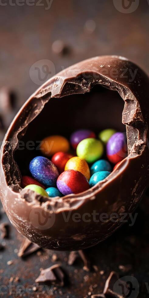High resolution close up of a chocolate Easter egg with colorful candies photo