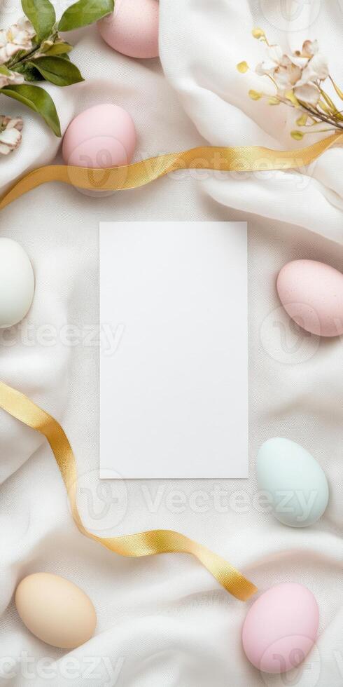 Minimalistic Easter greeting card design with pastel eggs and floral accents photo