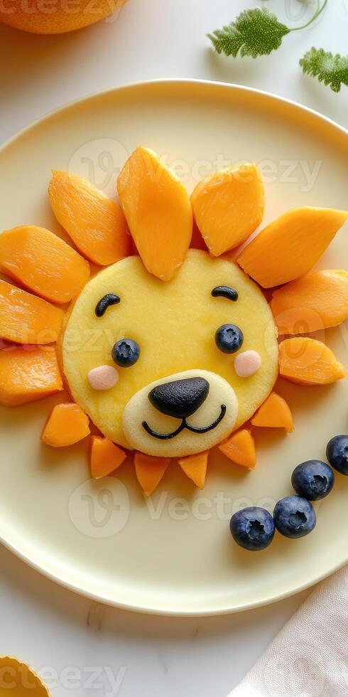 Creative cartoon lion fruit platter for kids party and healthy eating inspiration photo